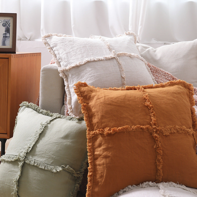 Fringed & Embroidered Linen Pillow Cover