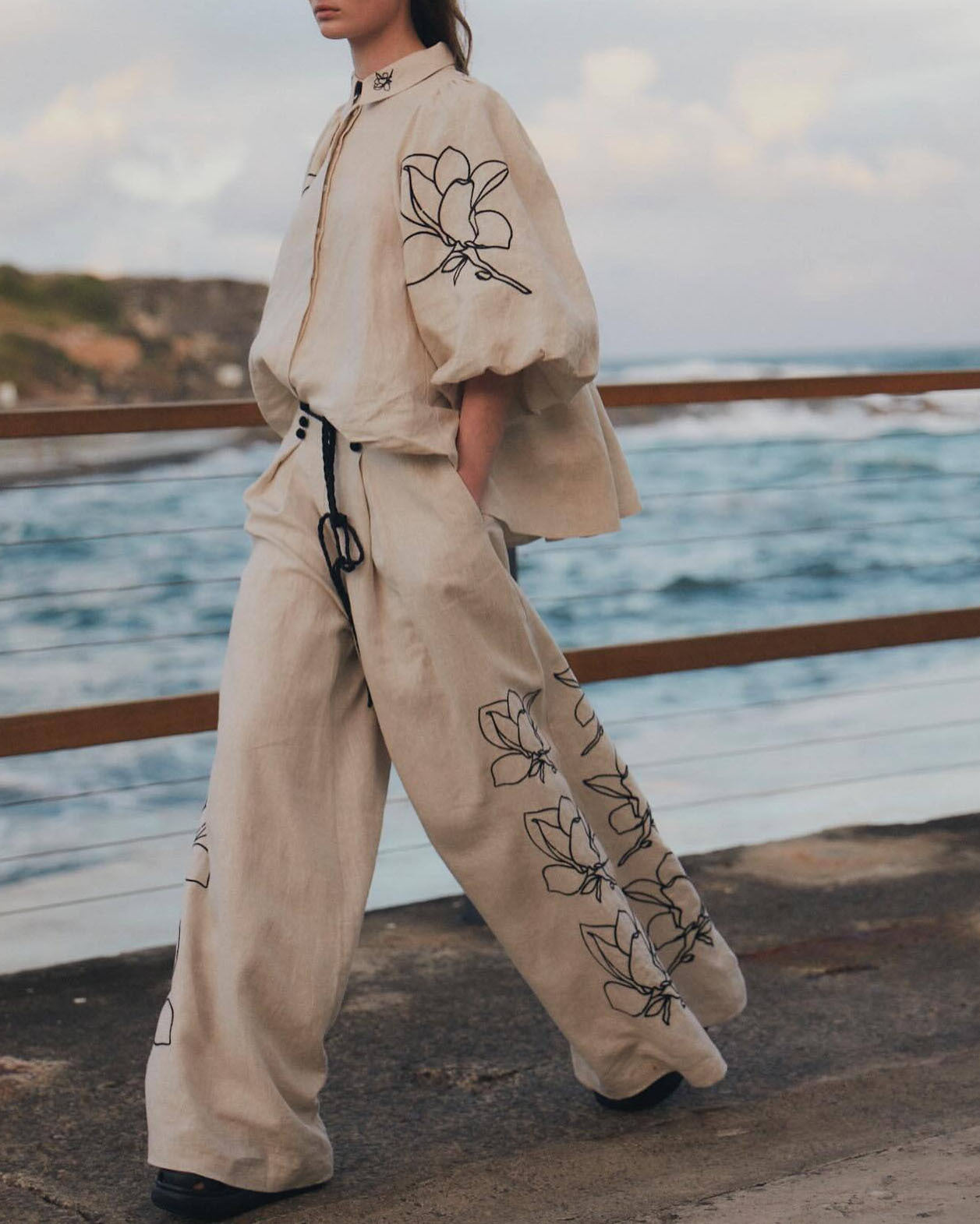 Artistic Floral Embroidered Linen Two-Piece Suit Set
