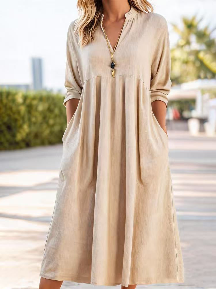 Bohemian Linen-Blend V-Neck Maxi Dress with Pockets
