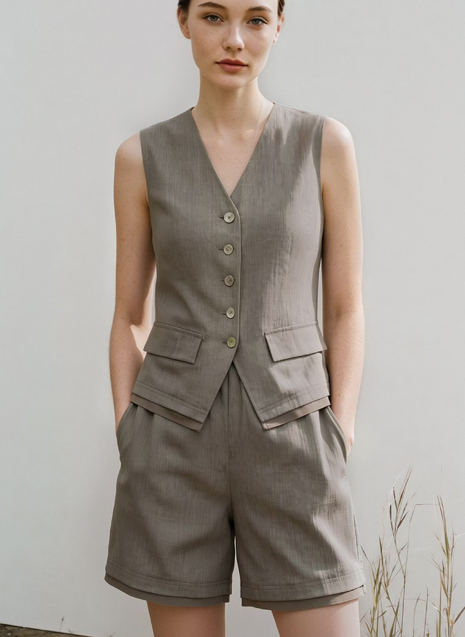 Atelier Linen Vest & Shorts Set — Taupe (front)