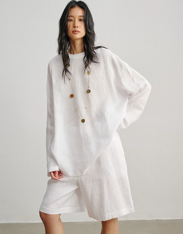 Enzyme-Washed Linen Long Sleeve Top and Mid-length shorts